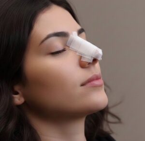 خطوات مفصلة لتثبيت الأنف بالشريط اللاصق بعد الجراحة.